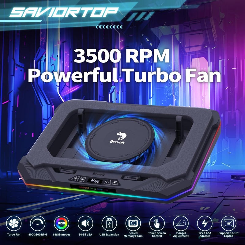 Brook Saviortop Gaming Laptop Cooling Pad – High-Speed 3500 RPM Laptop Cooler with Turbo Fan, RGB Cooling Stand for 10-19 Inch Laptops, Touch Control, USB-C Hub, Adjustable Height, Quiet Cooling Fan - Image 2